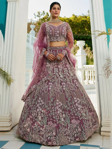 Outstanding Lavender Embroidered Net Bridesmaid Lehenga Choli - Ethnic Plus In